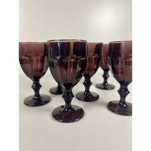 Vintage Libby Duratuff USA Plum Amethyst Wine Goblets Paneled Glass Set of 6